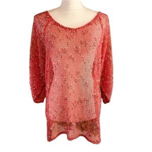 Pink Frazzle Net See Through 3/4 Sleeve Rave Party Shirt Oversized Small